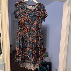 LuLaRoe High Low Carly Dress in Blue and Orange Paisley